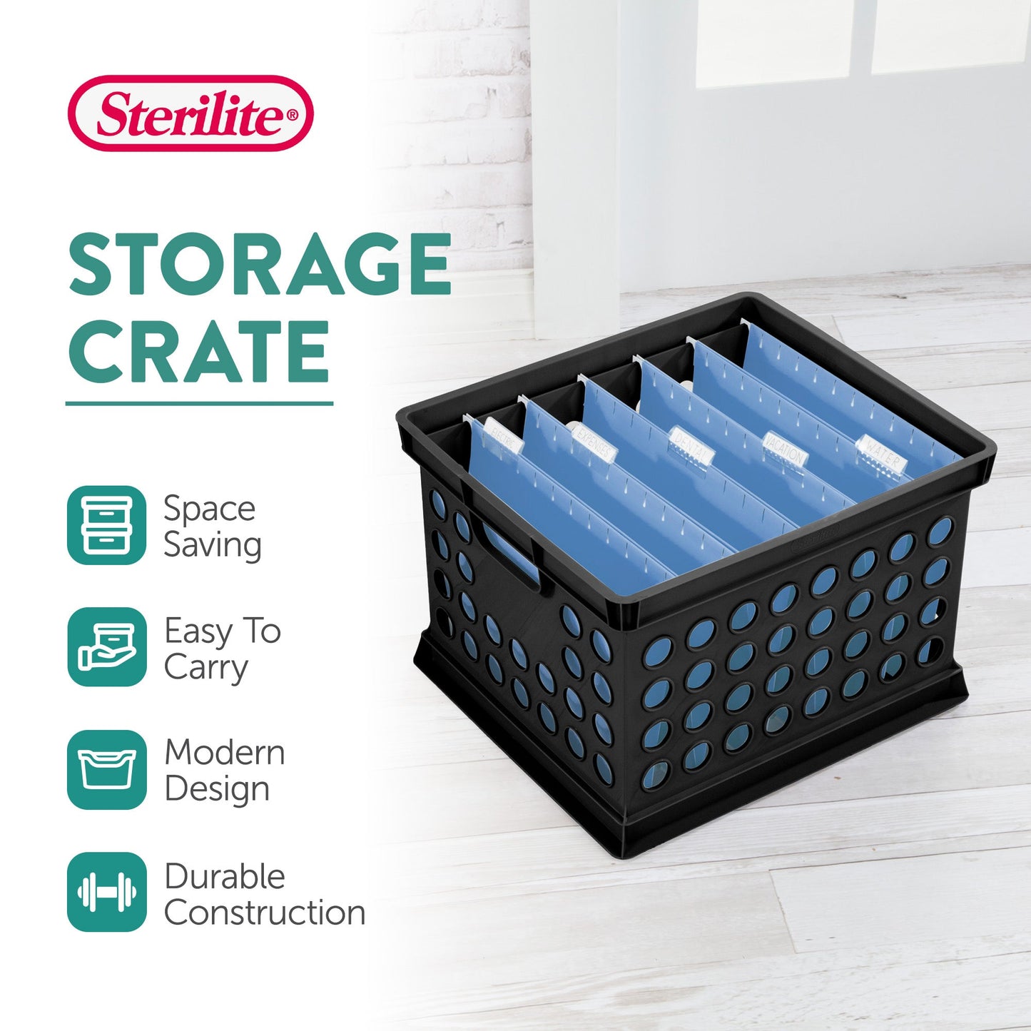 Sterilite Stackable Plastic Storage Open Crate Bin Organizer Box, Black, 12 Pack