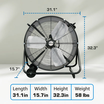 Hurricane Pro Series 24” Heavy Duty Adjustable Air Portable Tilt Drum Fan, Black