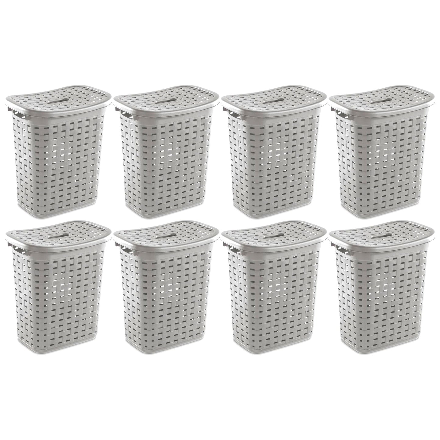 Sterilite Plastic Weave Laundry Hamper Slim Clothes Lidded Basket, Gray, 8-Pack