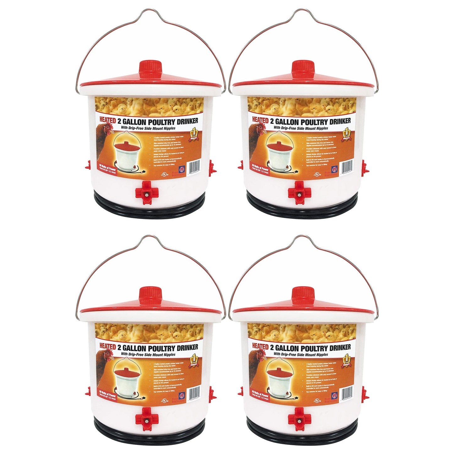 Farm Innovators Heated 2 Gallon Poultry Water Bucket Drinker, White/Red (4 Pack)