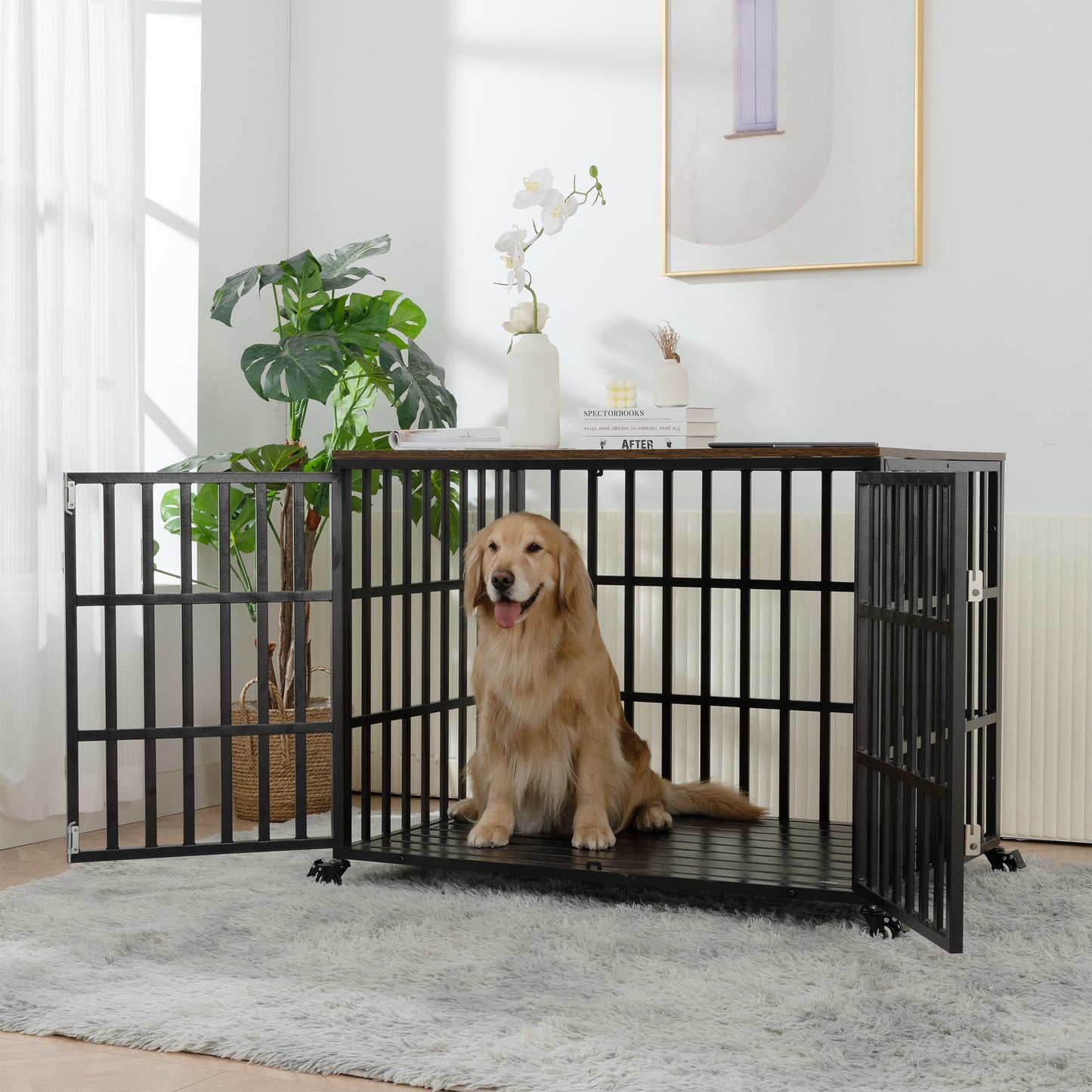 42" Heavy Duty Dog Crate for Large Medium Dogs, Furniture Style cage with 4 Lockable Wheels and 2 Locks, Decorative Pet House Wooden Cage Kennel Furniture Indoor