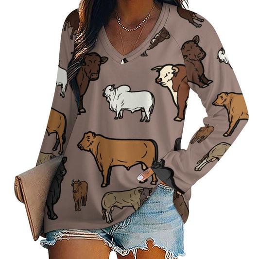 Baha Ranch Western Print Cows Cattle Long Sleeve Top