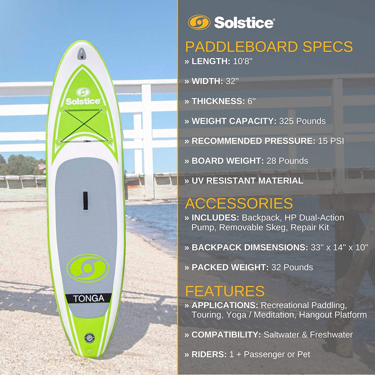 Solstice Tonga 10.8' Inflatable Stand-Up Paddle Board, Non-Slip Deck, SUP Set