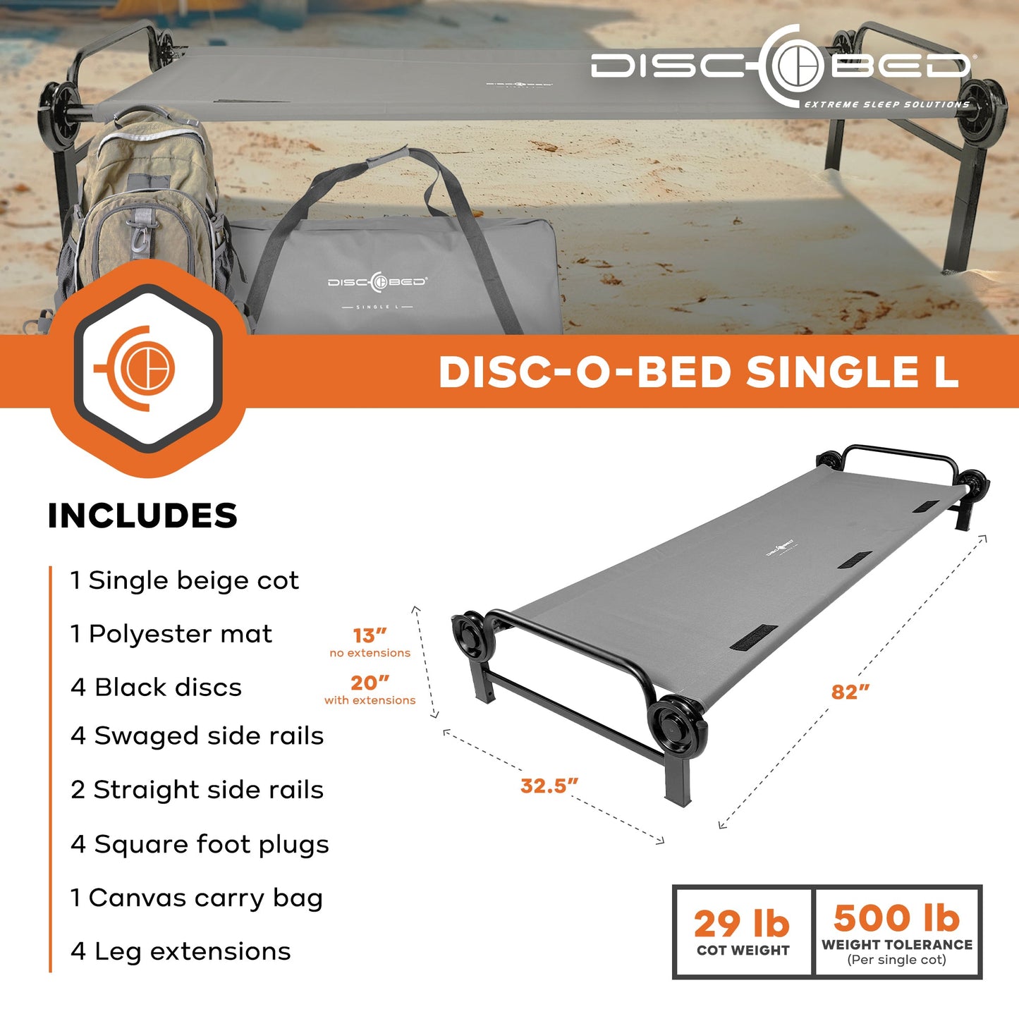 Disc-O-Bed Single Cot, Portable Sleep Solution for Tents & Cabins, Grey, Large