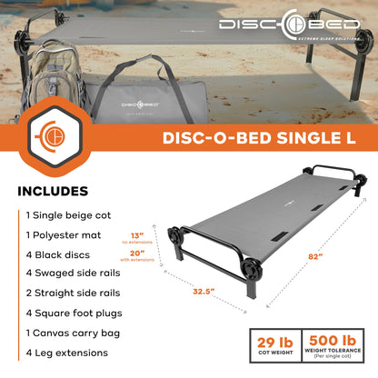 Disc-O-Bed Single Cot, Portable Sleep Solution for Tents & Cabins, Grey, Large