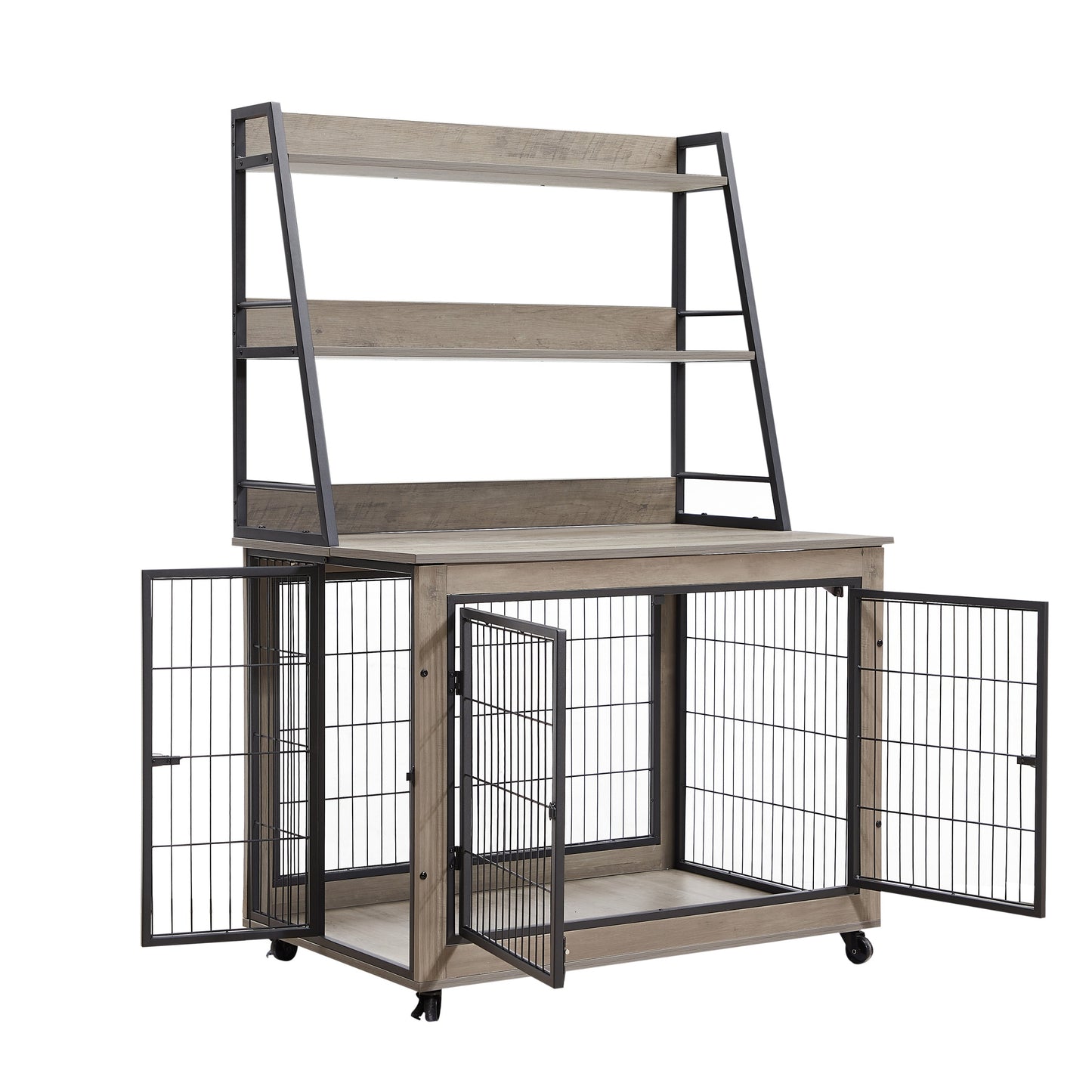 Furniture style dog crate side table with shelves, equipped with double doors and a raised roof. Grey, 38.58 "w x 25.5 "d x 57 "h