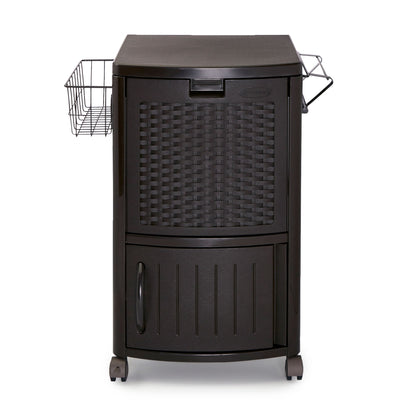 Suncast 77 Quart Patio Cooler w/ Cabinet and Basket w/ Wicker Trash Hideaway