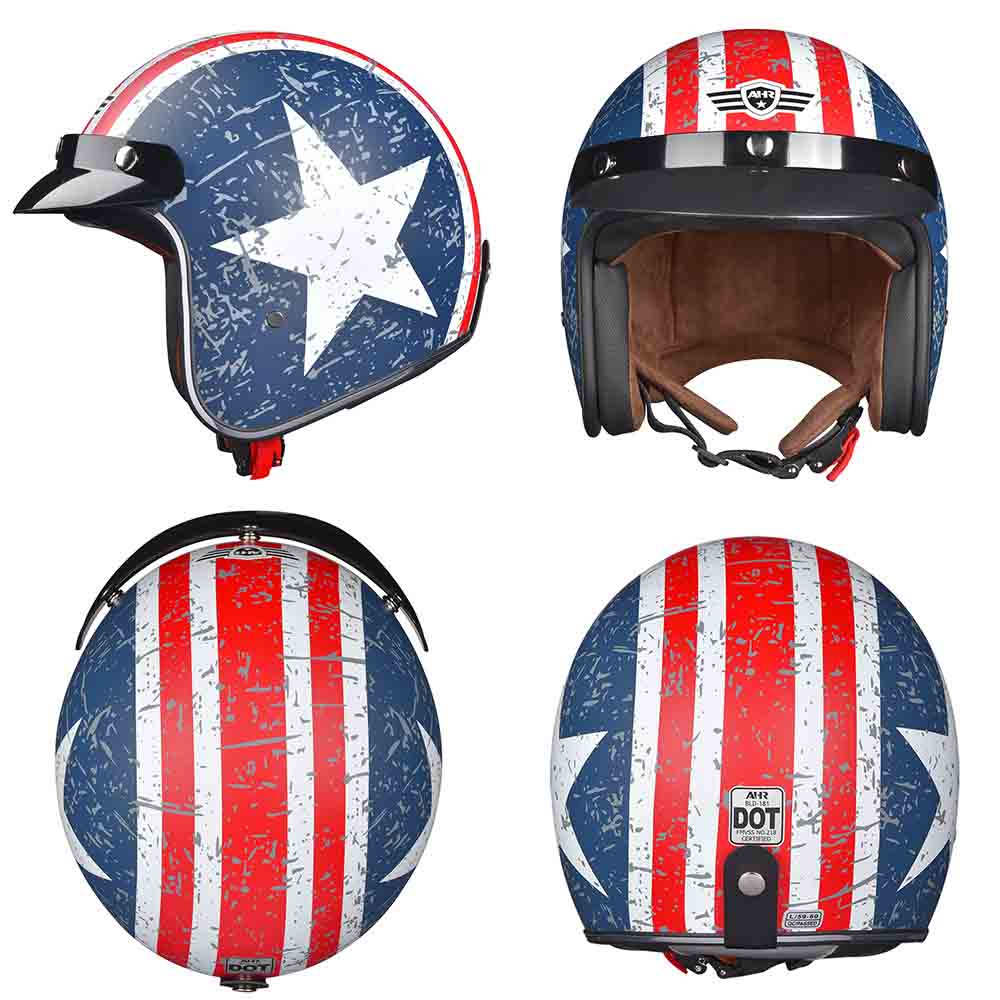 AHR DOT Motorcycle Helmet Open Face with Visor American Flag