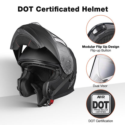 AHR RUN-M3 Modular Helmet Flip Up DOT 2-Visors Matte Black