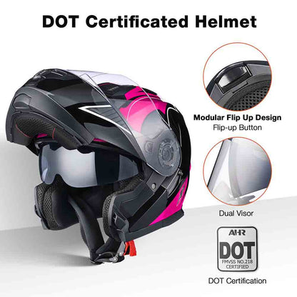 AHR RUN-M3 Modular Helmet Flip Up DOT 2-Visors Black Pink