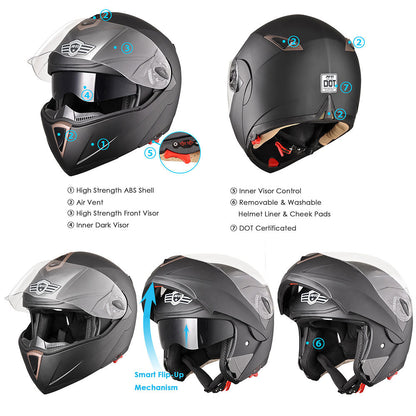 AHR DOT Flip Up Motorcycle Helmet Full Face Dual Visors Matte Black