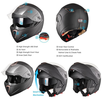 AHR DOT Flip Up Motorcycle Helmet Full Face Dual Visors Matte Black