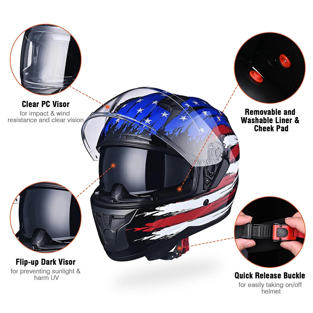 AHR RUN-F DOT Full Face Helmet Dual Visor Flag