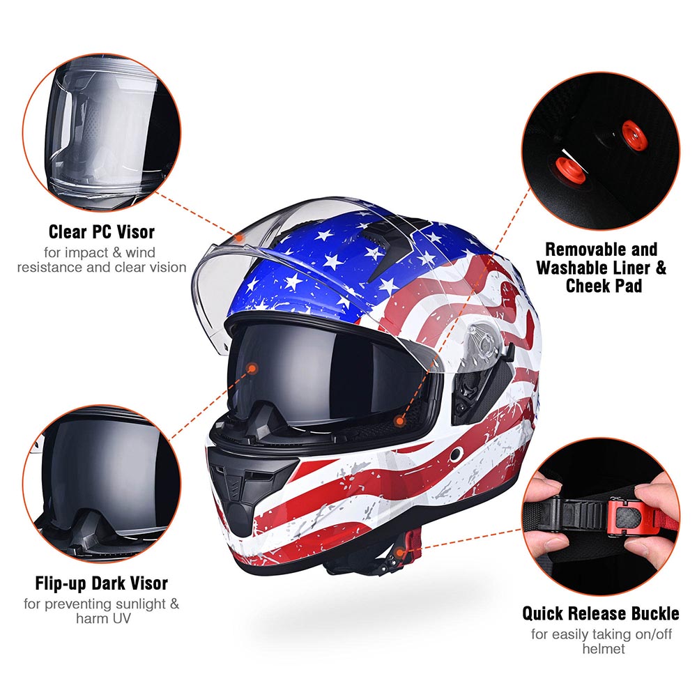 AHR RUN-F DOT Full Face Helmet Dual Visor Eagle