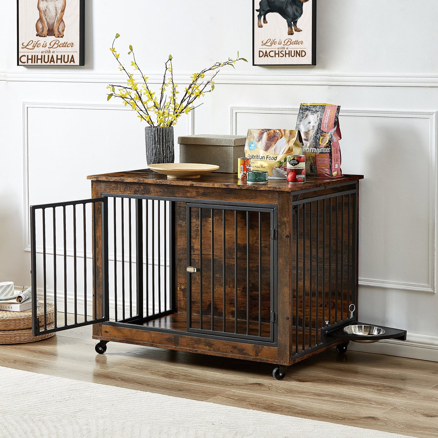 Furniture Style Dog Crate Side Table With Rotatable Feeding Bowl, Wheels, Three Doors, Flip-Up Top Opening. Indoor, Rustic Brown, 38.58"W x 25.2"D x 27.17"H