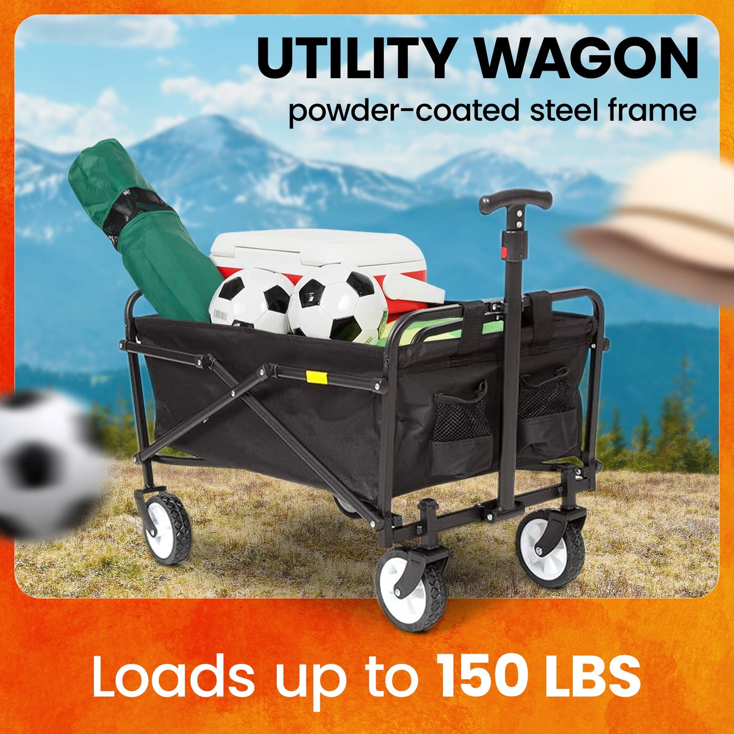 Seina Heavy Duty Compact Collapsible Outdoor Garden Camping Utility Wagon, Black