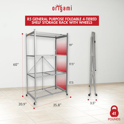 Origami 4 Tier Foldable Heavy Duty Garage Shelving with Wheels for Organization