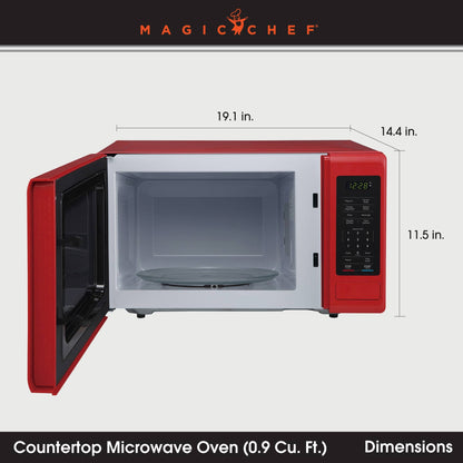 Magic Chef 0.9 Cubic Feet 900W Small Stainless Countertop Microwave Oven, Red