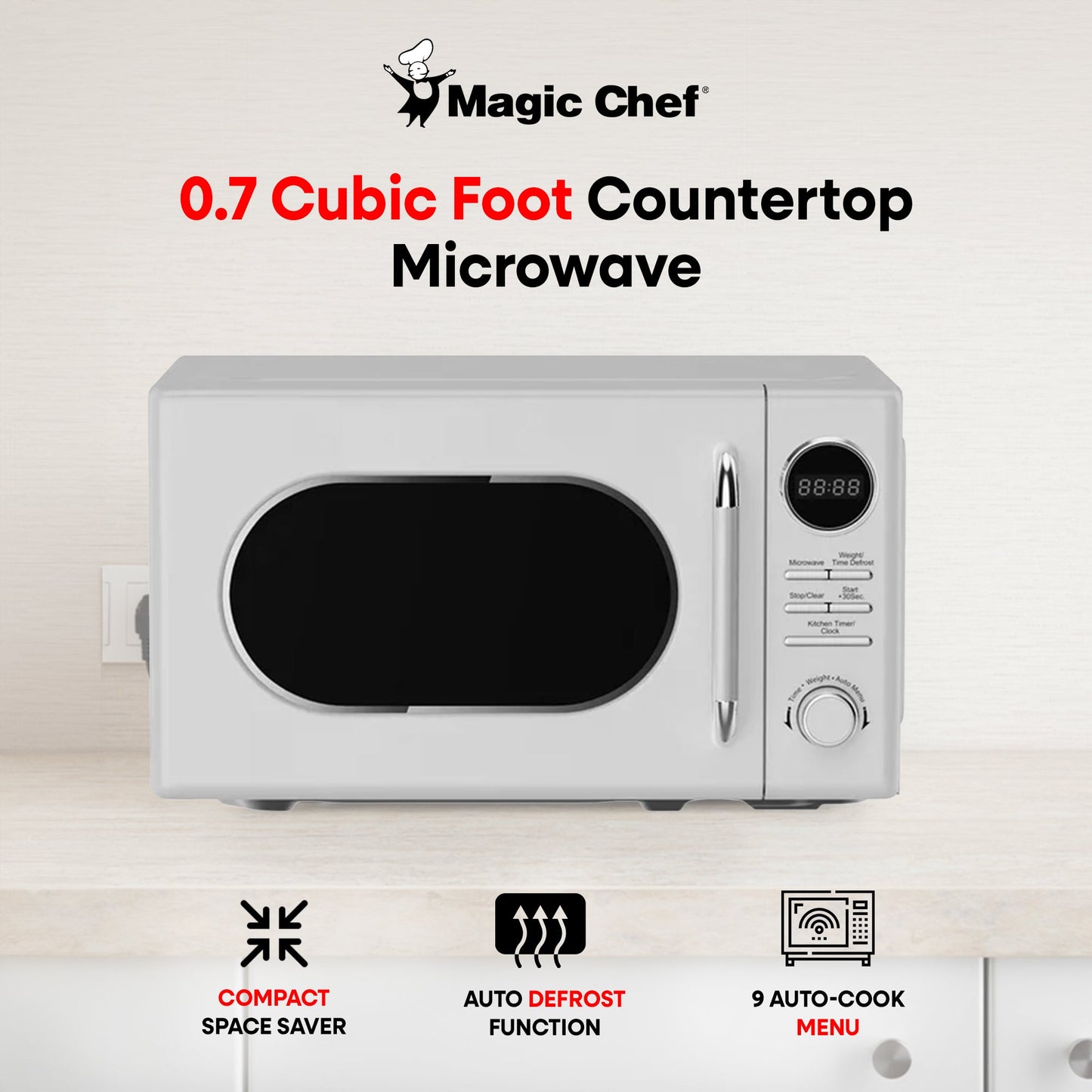 Magic Chef 0.7 Cubic Feet 700W Small Classic Retro Countertop Microwave, White