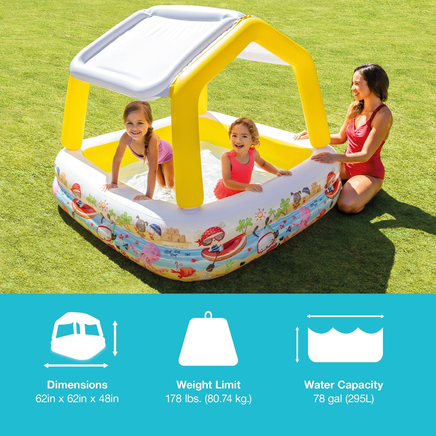 Intex 5ft x 48in Inflatable Ocean Scene Sun Shade Kids Swimming Pool With Canopy