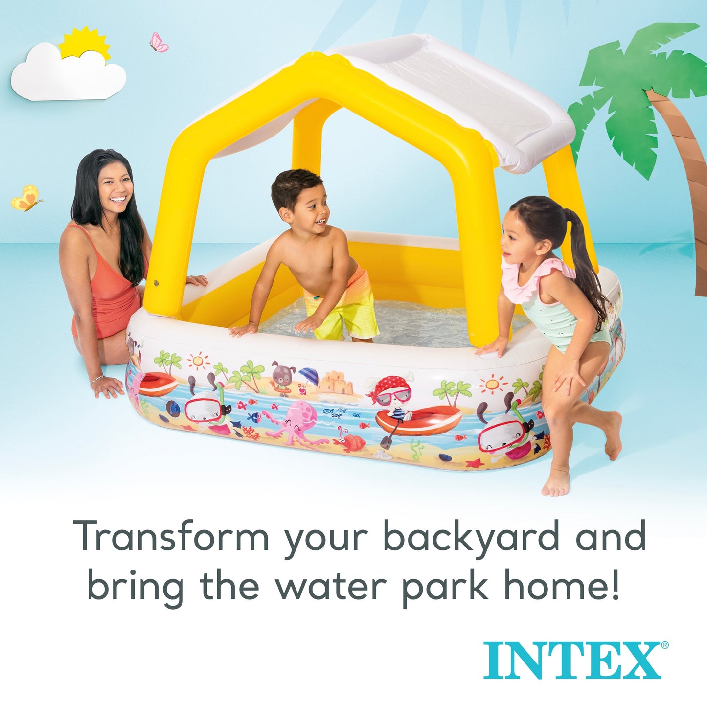 Intex 5ft x 48in Inflatable Ocean Scene Sun Shade Kids Swimming Pool With Canopy