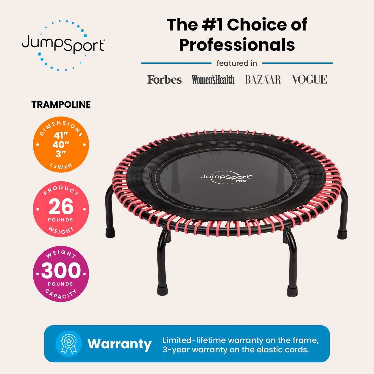 JumpSport 350 PRO 39 Inch Fitness Trampoline with Pink EnduroLast Elastic Cords