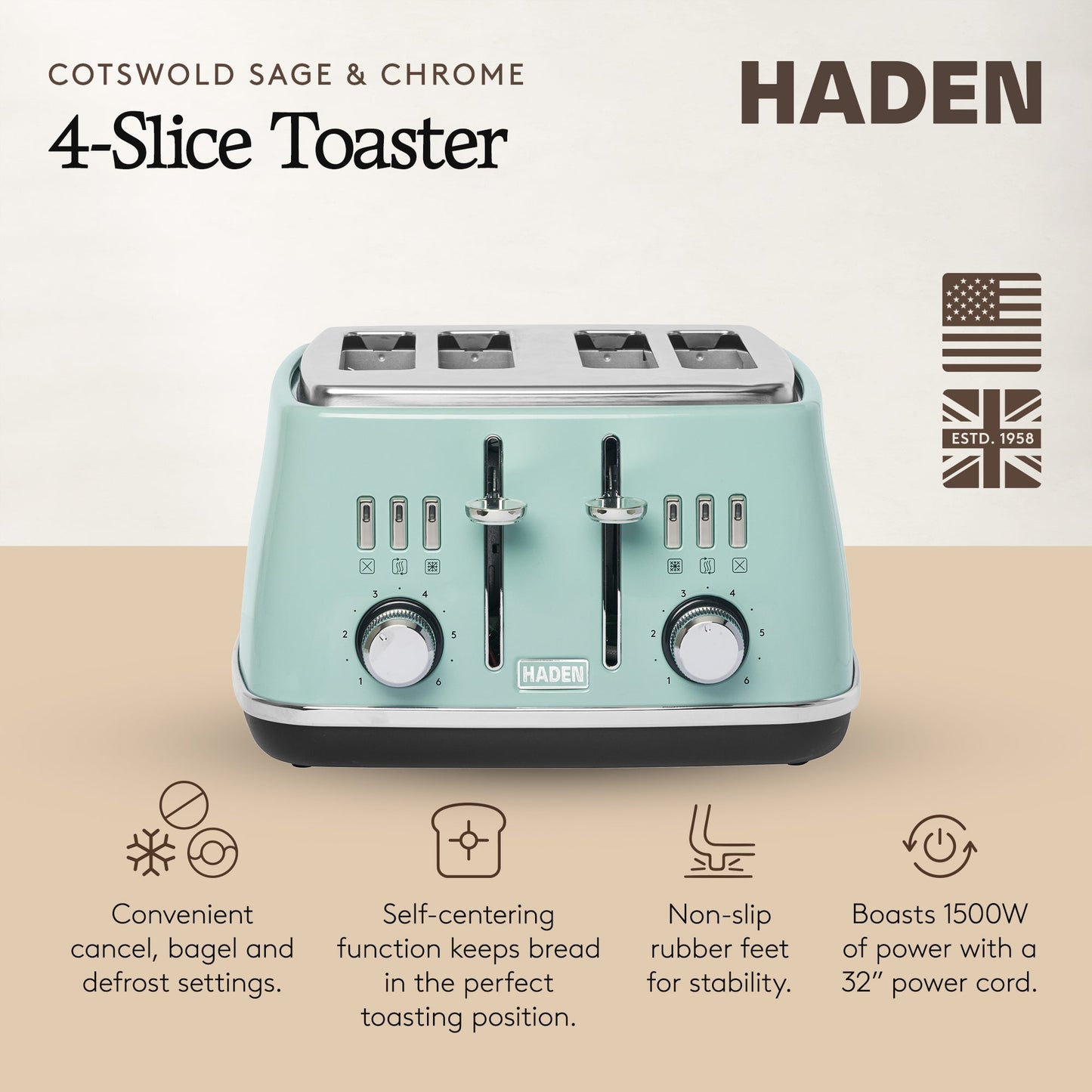 Haden Cotswold 4 Slice Extra Wide Slot Stainless Steel Toaster with Tray, Sage