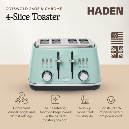 Haden Cotswold 4 Slice Extra Wide Slot Stainless Steel Toaster with Tray, Sage