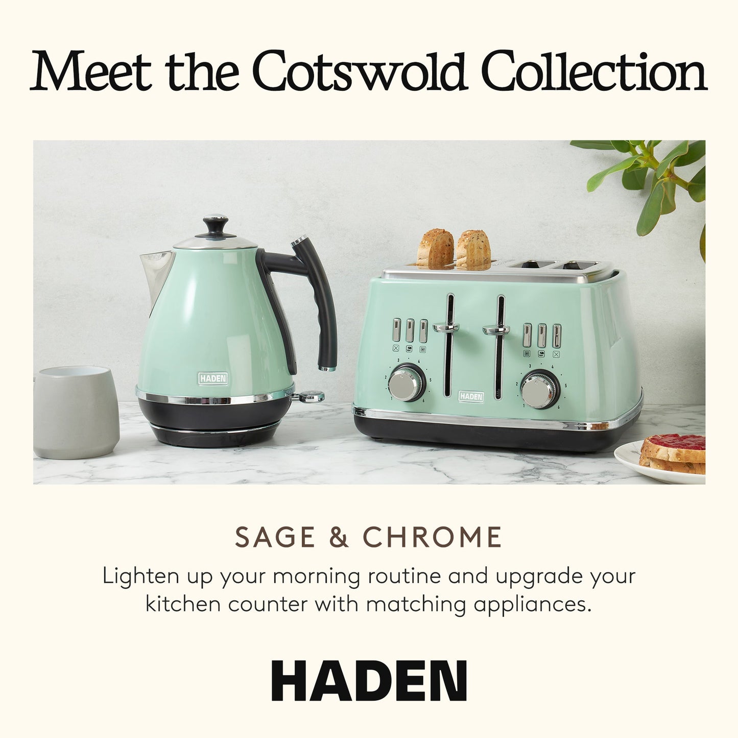 Haden Cotswold 4 Slice Extra Wide Slot Stainless Steel Toaster with Tray, Sage