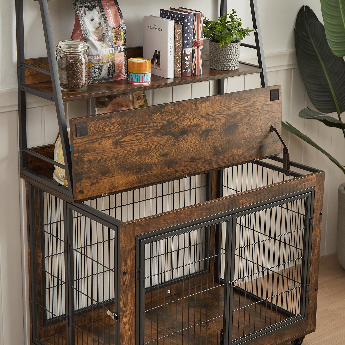 Furniture style dog crate side table with shelves, equipped with double doors and a raised roof. Rustic Brown, 38.58 "w x 25.5 "d x 57 "h