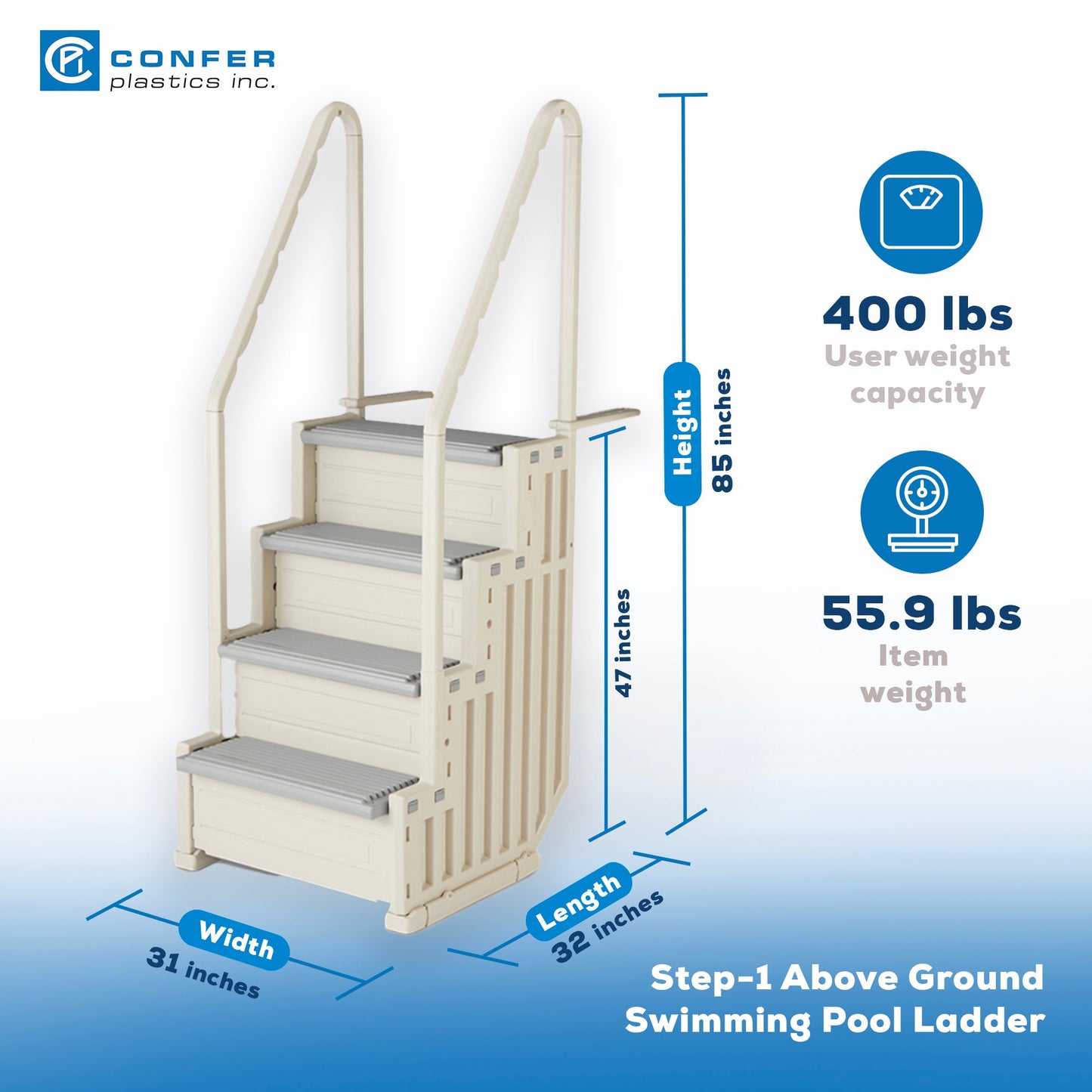 Confer Plastics In-Pool 4 Step Ladder, Above Ground Swimming Pool Stairs, Gray