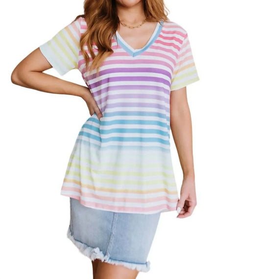 Looking For Rainbows V-Neck Striped Top In Ombre Rainbow Stripe (S)