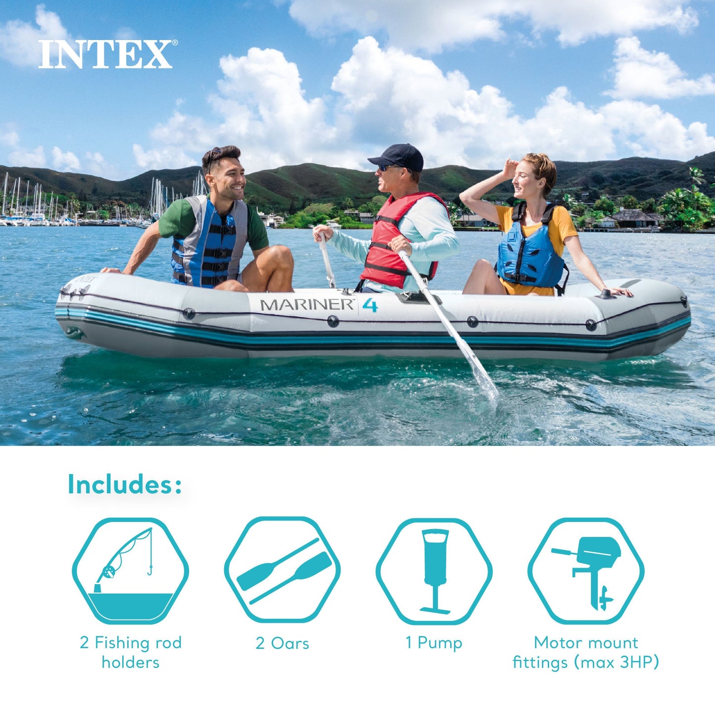 Intex Mariner 4 Inflatable Raft River/Lake Dinghy Boat Set & Motor Mount Kit