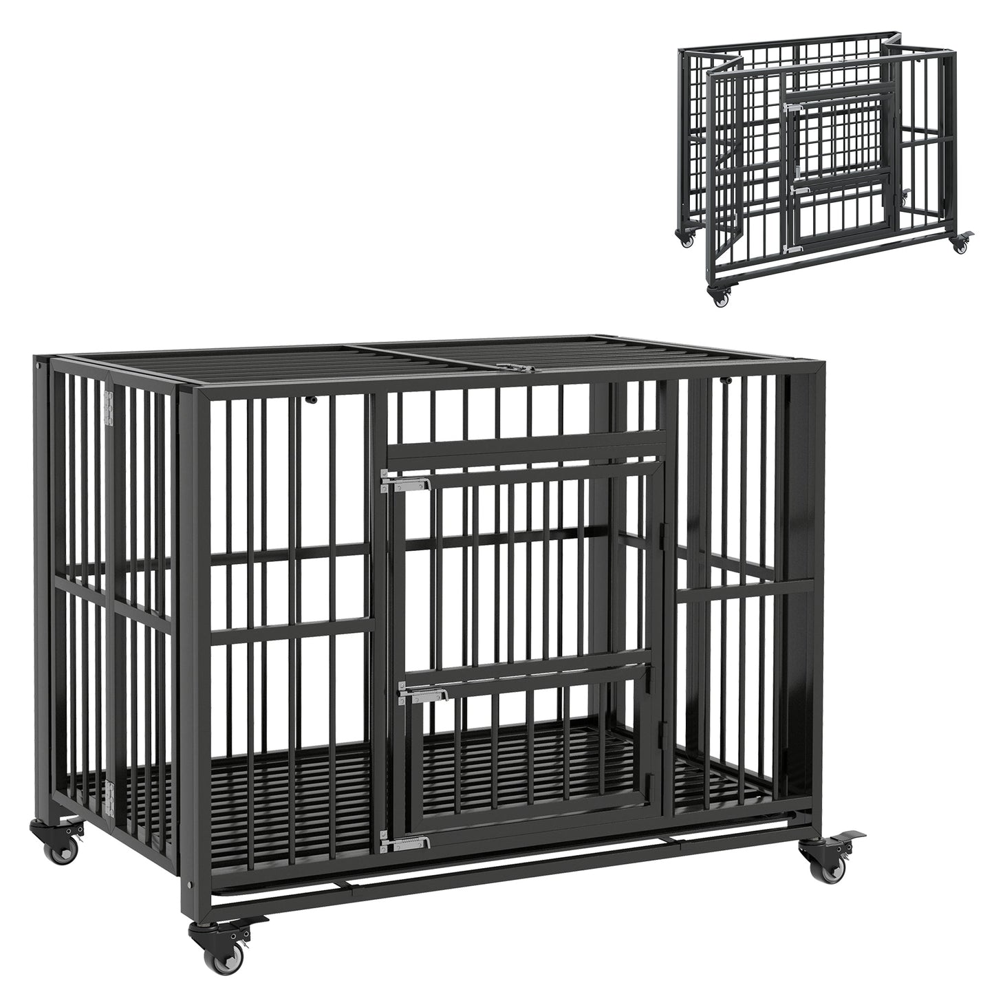 43" Heavy Duty Dog Crate, Strong Steel Foldable Large Dog Crate with 4 Lockable Wheels, Double Doors, Openable Top and Removable Trays for Medium and Large Dogs, Black