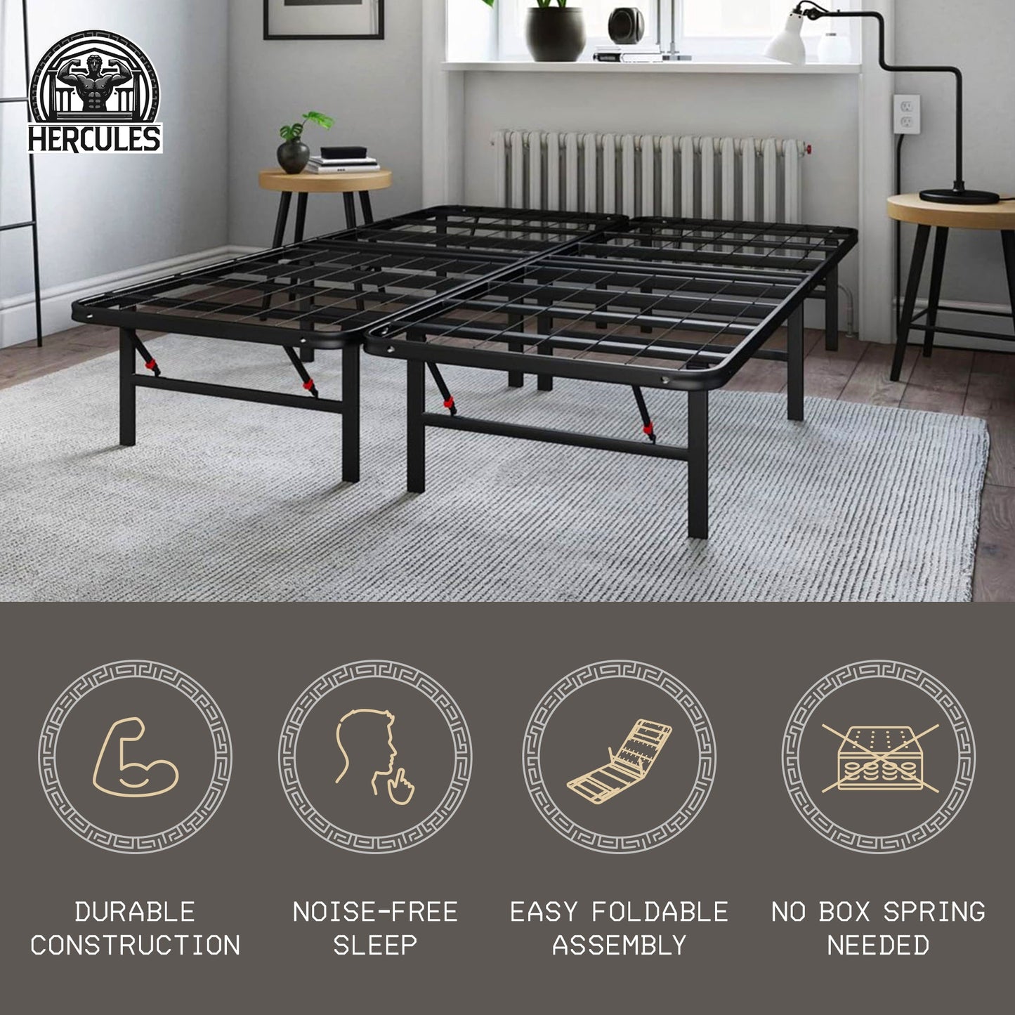 Hercules Folding Metal Bed Frame, 14 Inch Platform Mattress Foundation, Full