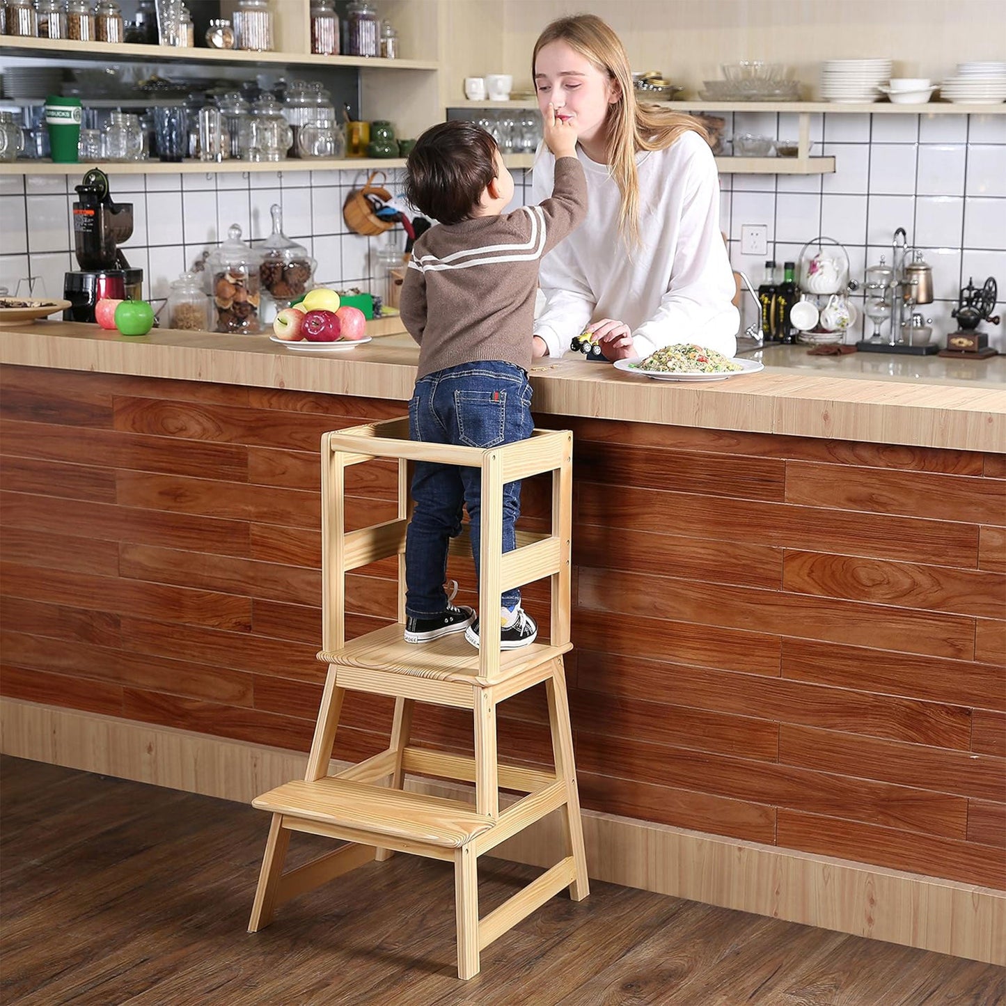 SDADI Kids Kitchen Step Stool Holds up to 150 Pounds with Safety Rail, Natural