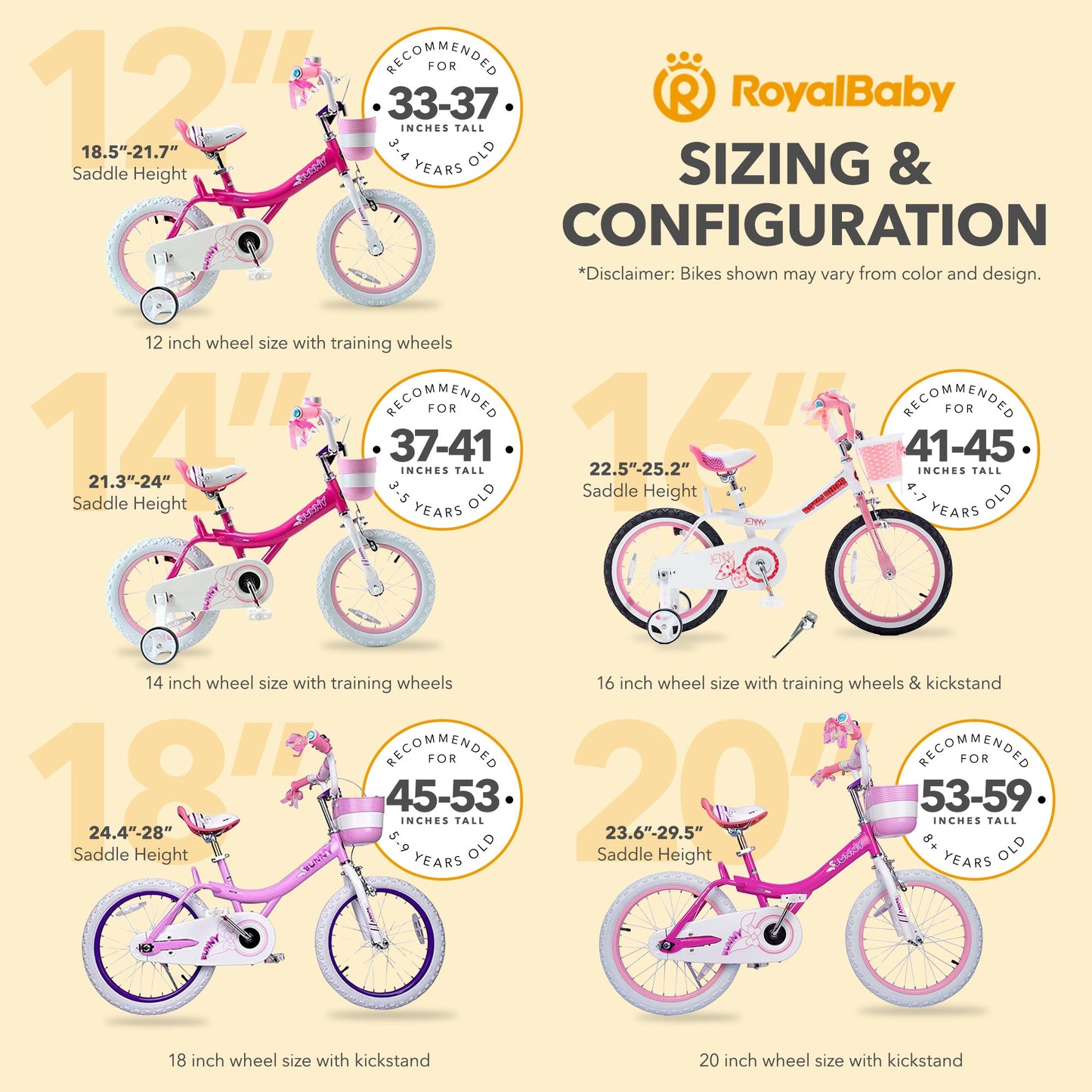 RoyalBaby Princess Girl Bike 16" w/Training Wheels & Kickstand, Jenny/White Pink