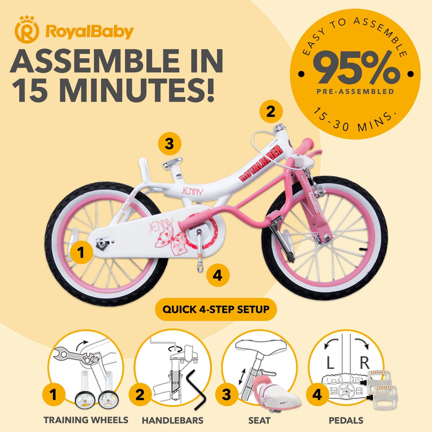 RoyalBaby Princess Girl Bike 16" w/Training Wheels & Kickstand, Jenny/White Pink