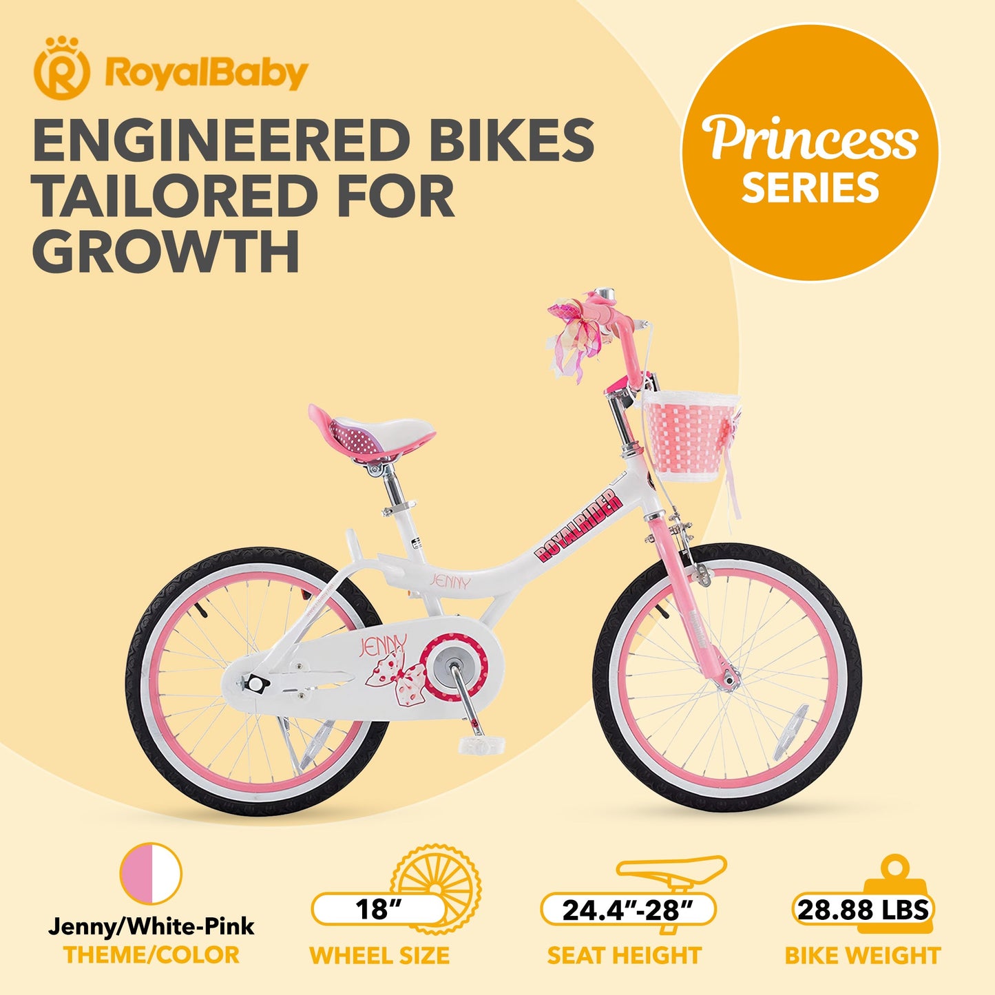 RoyalBaby Princess Girl Kids Outdoor Bicycle 18 Inch with Kickstand, Jenny/Pink