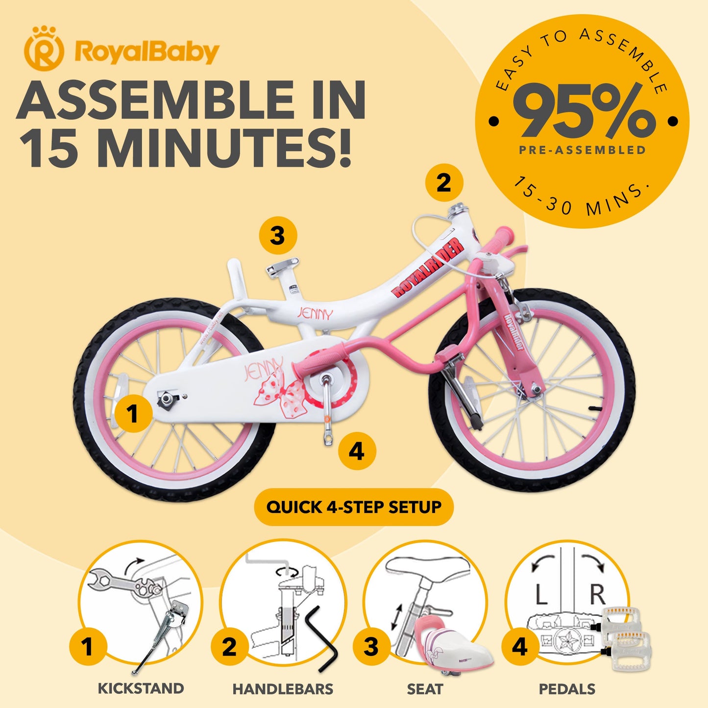 RoyalBaby Princess Girl Kids Outdoor Bicycle 18 Inch with Kickstand, Jenny/Pink