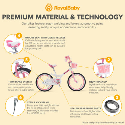 RoyalBaby Princess Girl Kids Outdoor Bicycle 18 Inch with Kickstand, Jenny/Pink
