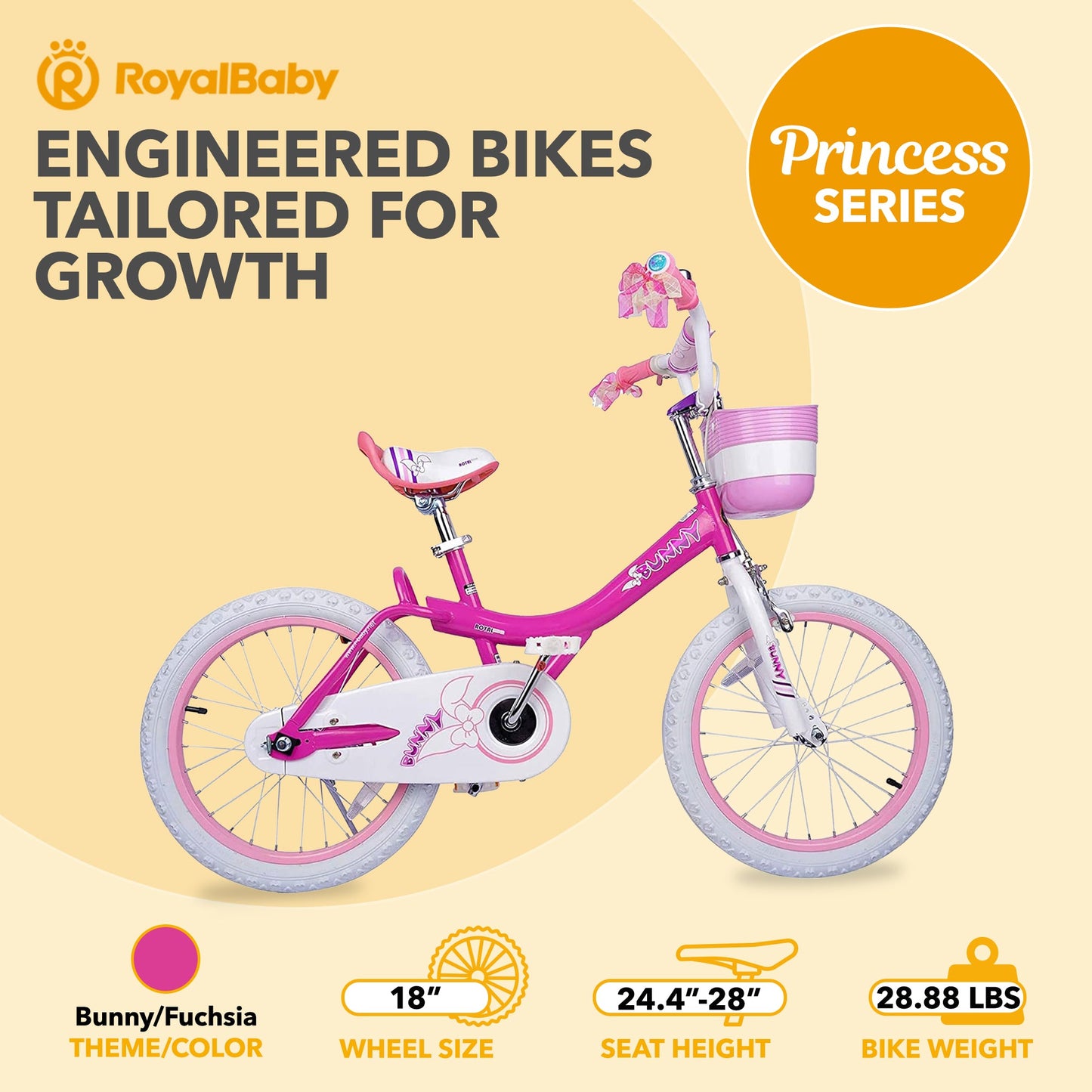 RoyalBaby Princess Girl Kids Outdoor Bicycle 18" with Kickstand, Bunny/Fuchsia