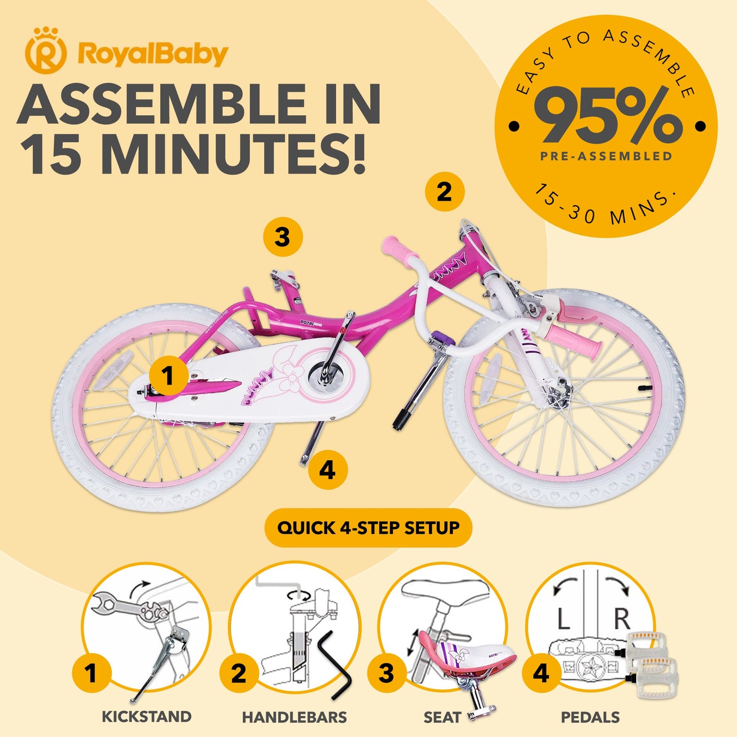 RoyalBaby Princess Girl Kids Outdoor Bicycle 18" with Kickstand, Bunny/Fuchsia