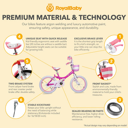 RoyalBaby Princess Girl Kids Outdoor Bicycle 18" with Kickstand, Bunny/Fuchsia