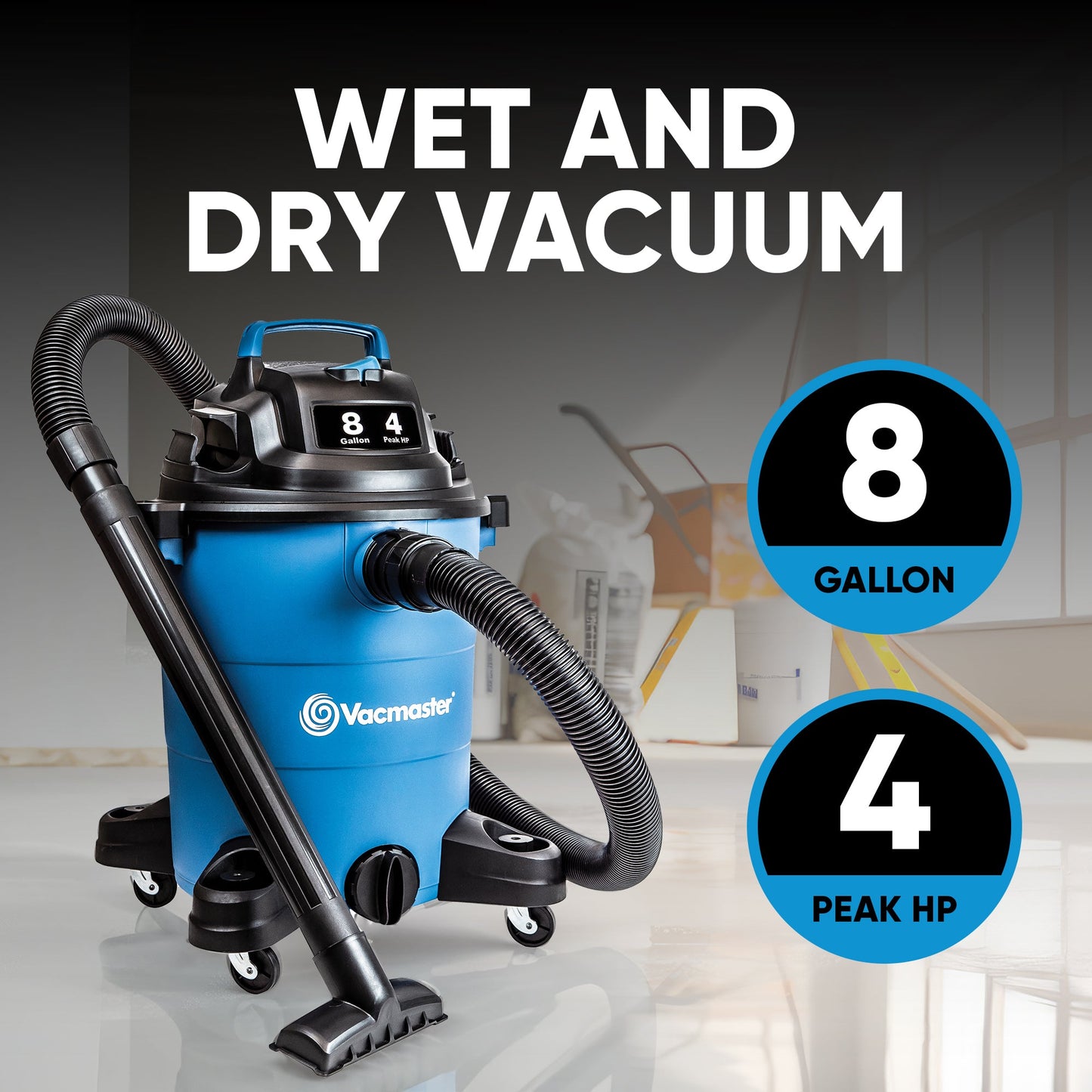 Vacmaster 8 Gallon 4 Peak HP Portable 2 in 1 Wet/Dry Vacuum & Attachments, Blue