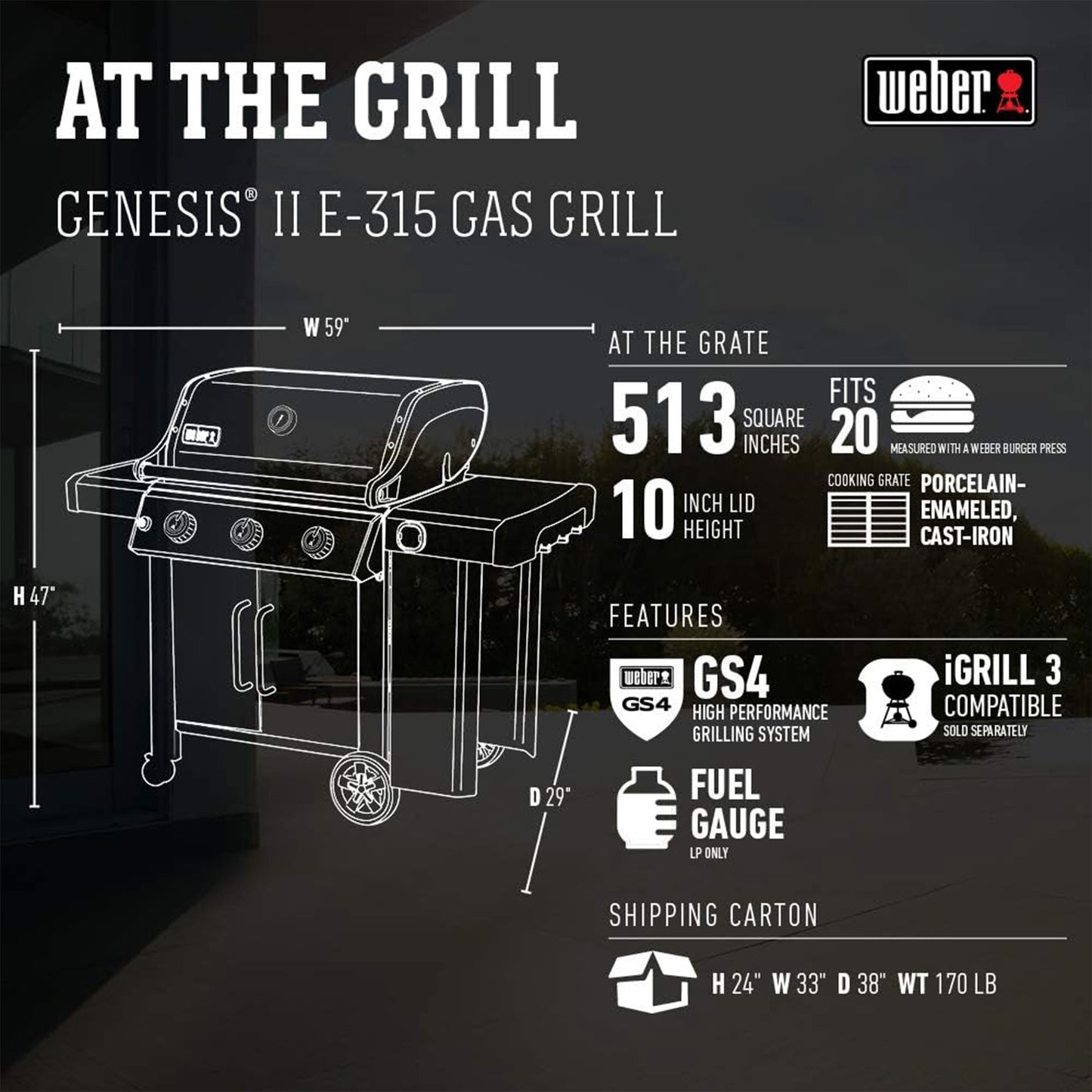 Weber Genesis II E-315 Outdoor Stainless Steel 3 Burner Natural Gas Grill, Black