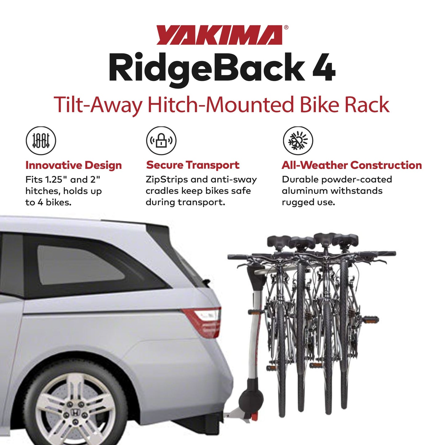 Yakima RidgeBack Tilt Away Hitch Bike Rack Holds 4 Bikes for Cars, SUVs, Trucks