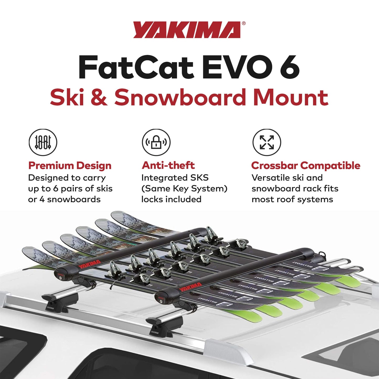 YAKIMA FatCat EVO 6 Skis or 4 Snowboards Mount Roof Rack, Fits T-Slot Crossbars