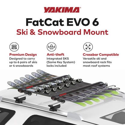 YAKIMA FatCat EVO 6 Skis or 4 Snowboards Mount Roof Rack, Fits T-Slot Crossbars