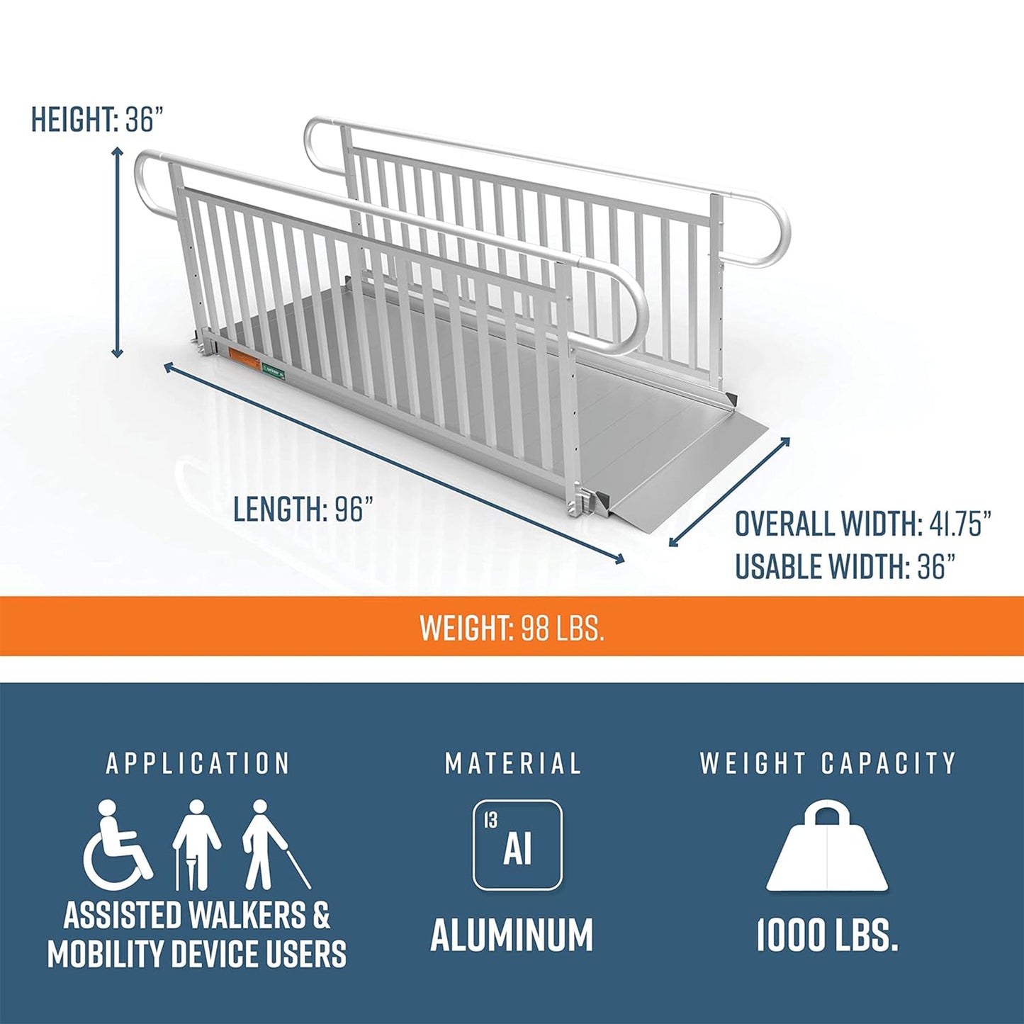 EZ-ACCESS GATEWAY 3G 8 Foot Aluminum Wheelchair Ramp with Vertical Picket Rail